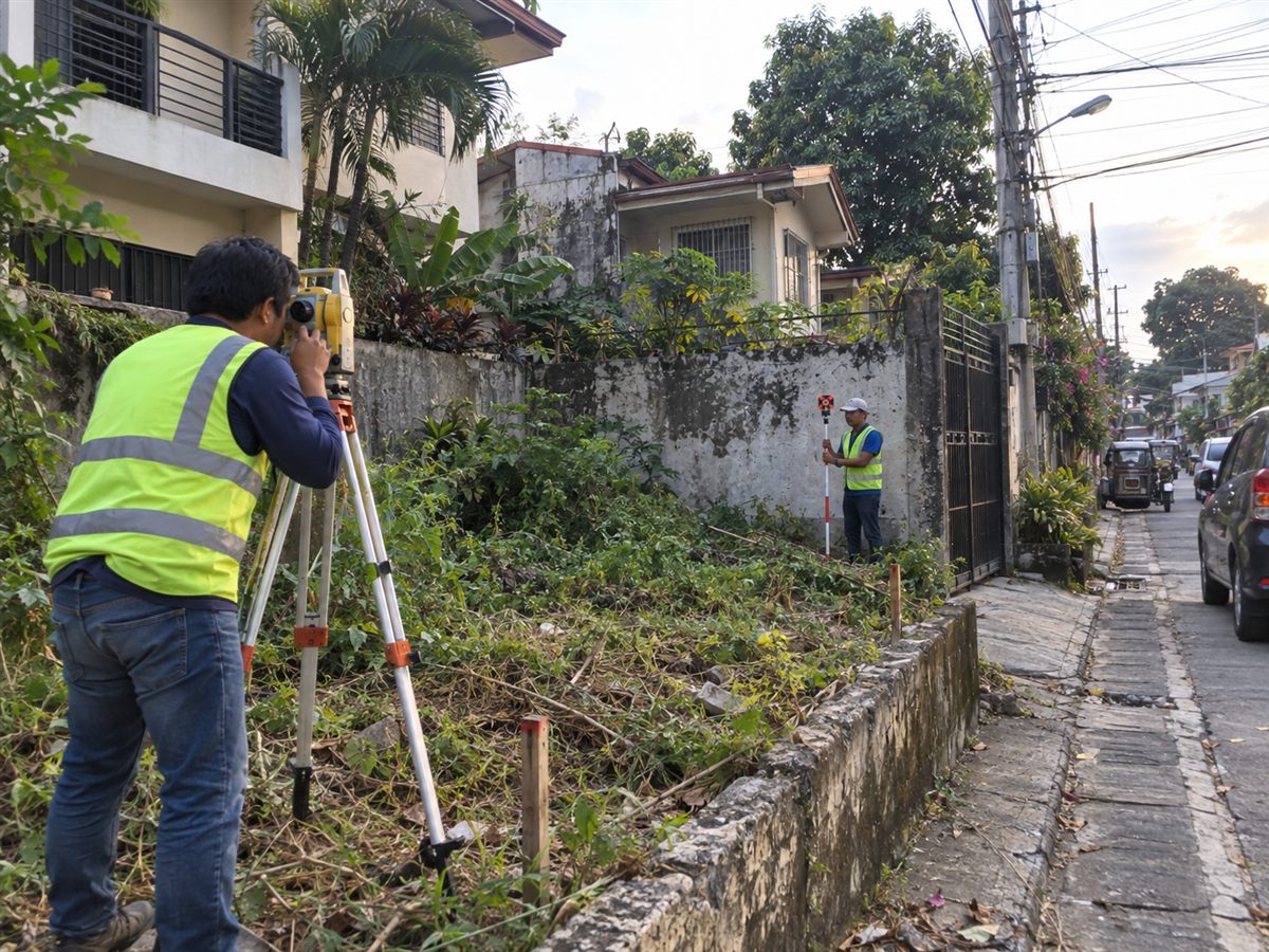 Licensed survey crew in safety vests using a total station and prism pole beside a concrete wall and gate on a residential street